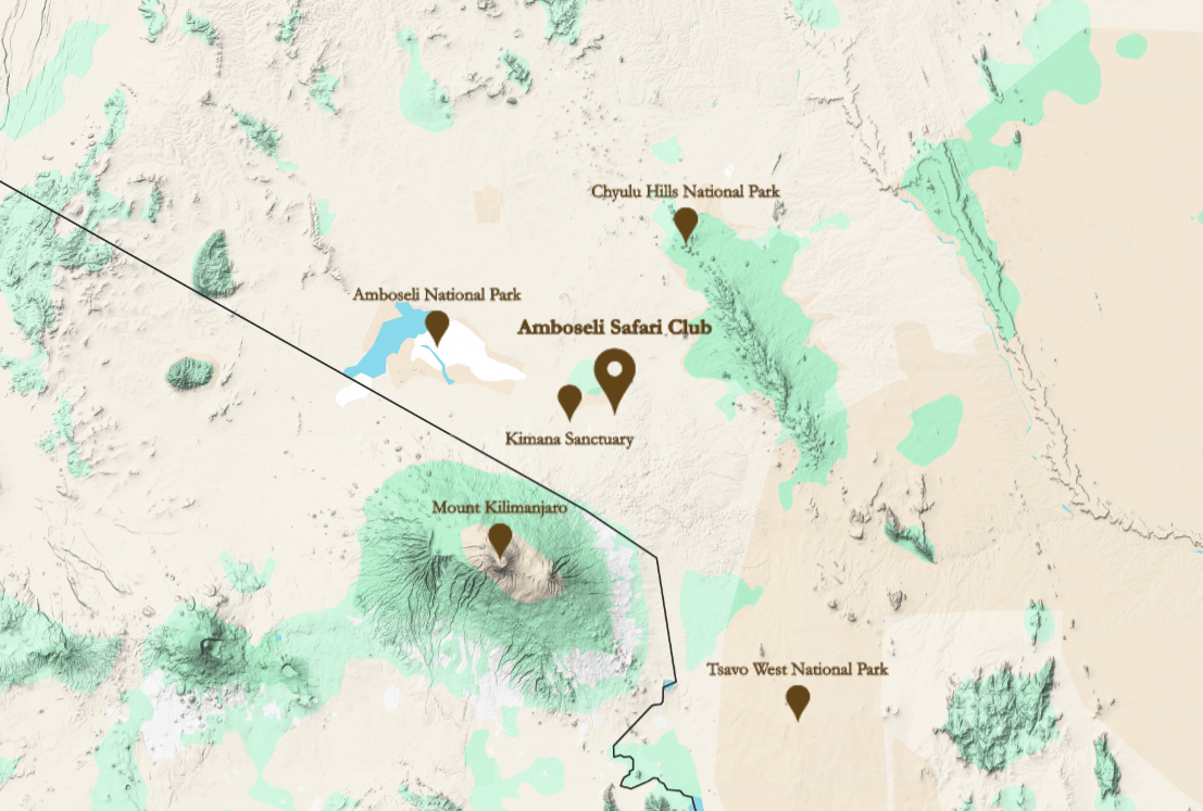 Regional map illustrating the prime location of Amboseli Safari Club relative to surrounding points of interest, including Kimana Sanctuary, Amboseli National Park, Chyulu Hills National Park, Tsavo West National Park, and Mount Kilimanjaro.