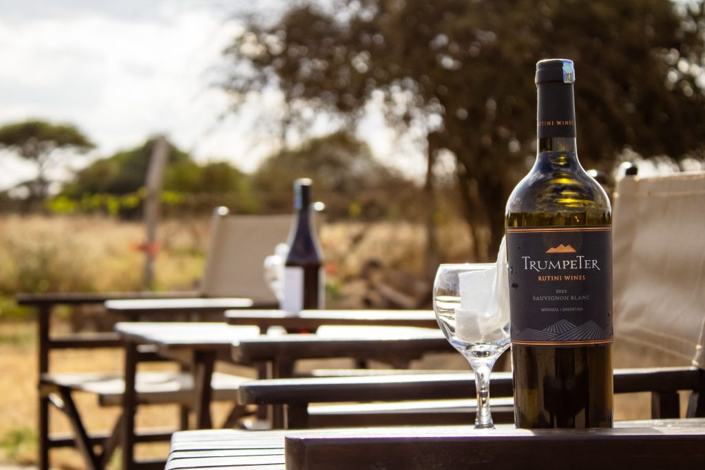 A bottle of white wine and a glass on an outdoor wooden table during a sunset safari sundowner, overlooking the vast Amboseli savannah.